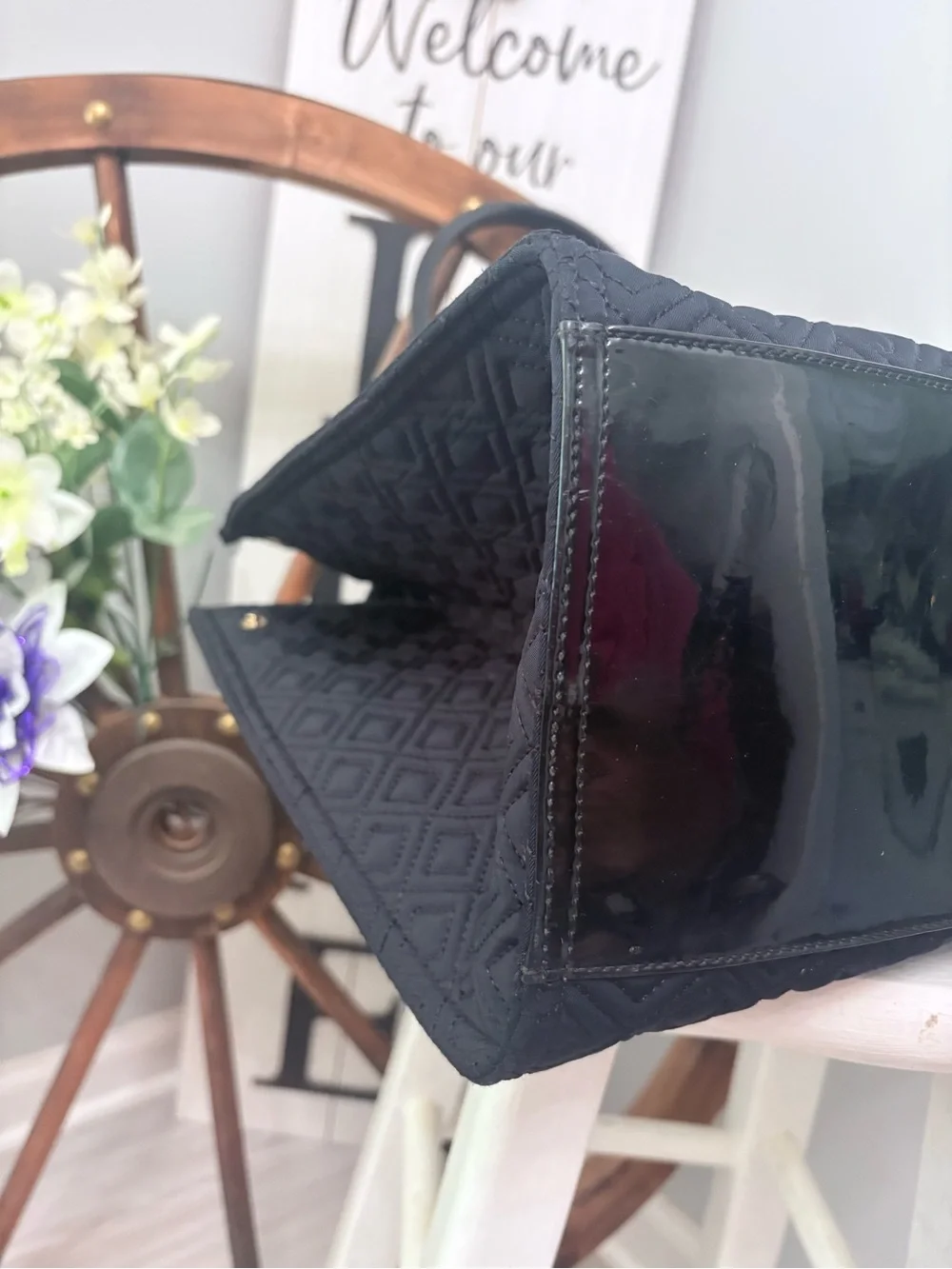TORY BURCH Black Quilted Satchel Tote with side buttons